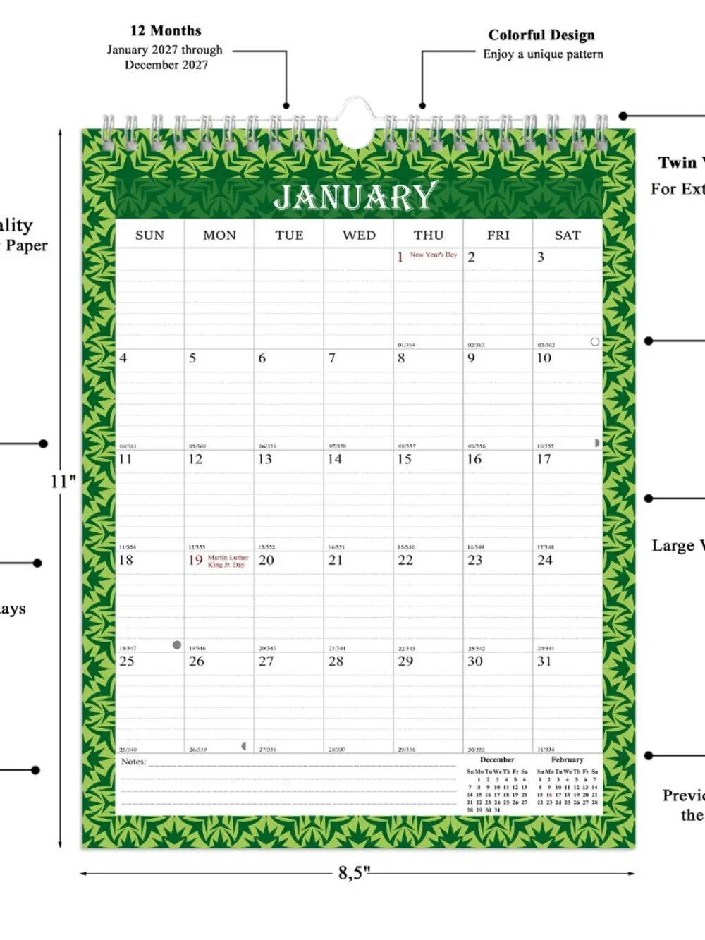2027 Wall Calendar Spiral-bound Twin-Wire Binding - 12 Months 8.5